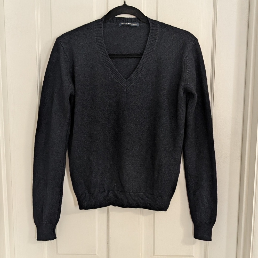 Brandy Melville Womens Wool Blend Sweater LARGE? Preppy Academia V-Neck Navy Blu